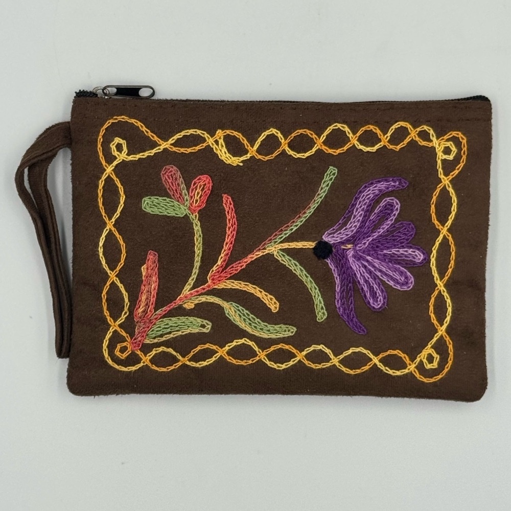 Small Brown Boho Wristlet with Handmade Tibetan Embroidery